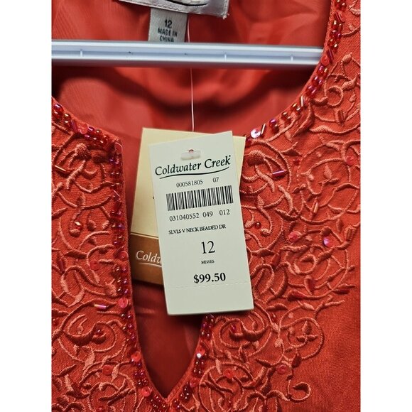 NWT Coldwater Creek Sz 12 Linen Blend Sleeveless Orange V-Neck Beaded Maxi Dress - Picture 3 of 9